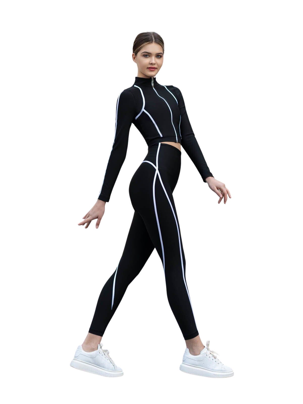 Person in 352 Menton Leggings von Lismina mit weißen Details und Sneakers elegant posierend.